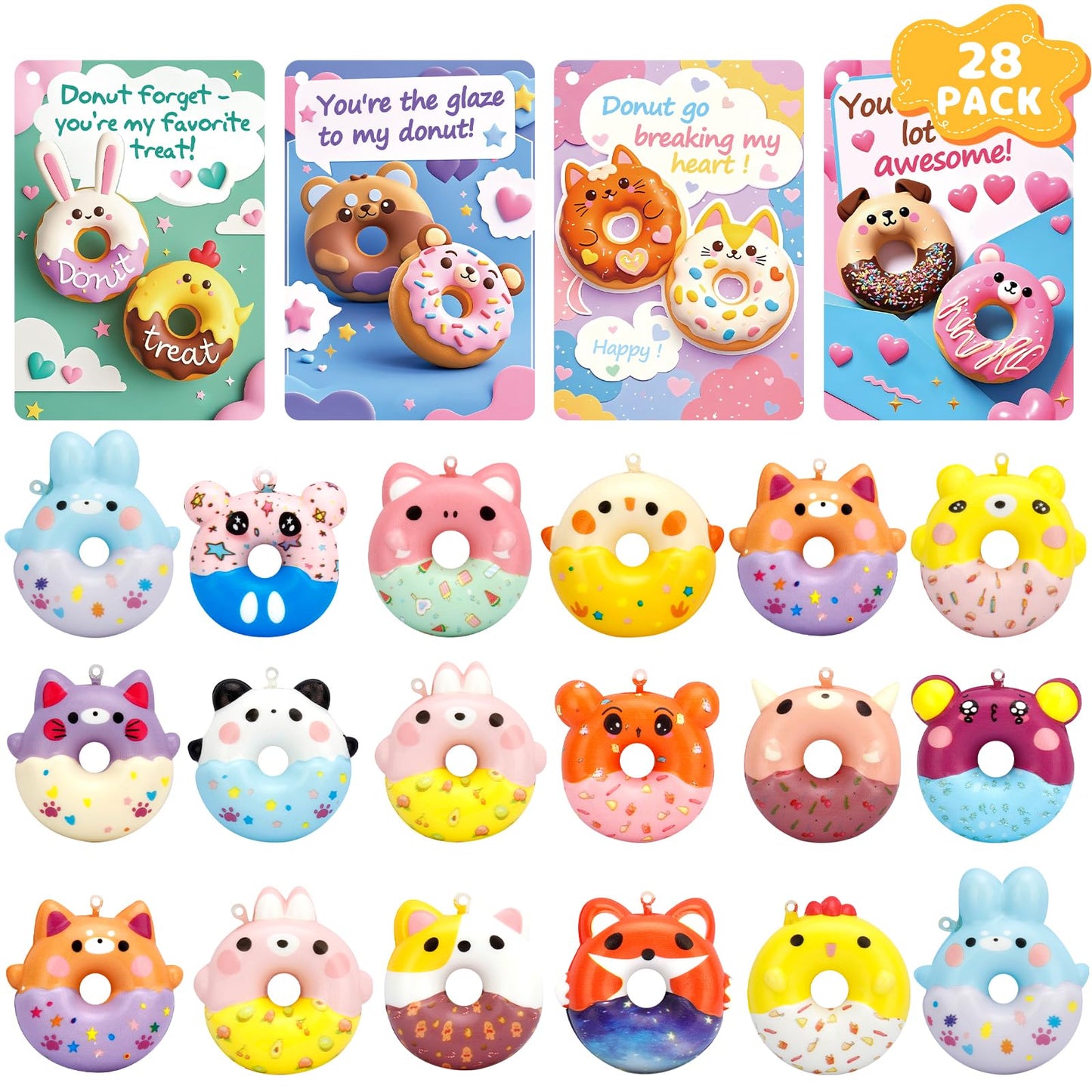 AUUGUU 28 Donut Squishy Valentines Cards – Punny Classroom Gift Set