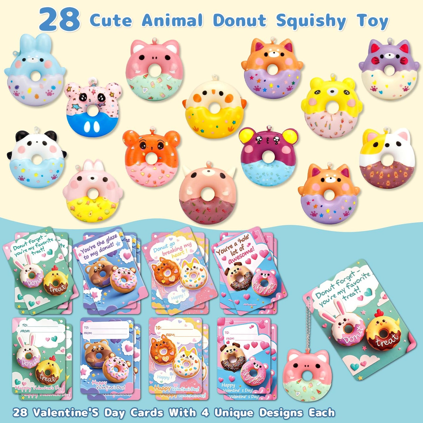 AUUGUU 28 Donut Squishy Valentines Cards – Punny Classroom Gift Set