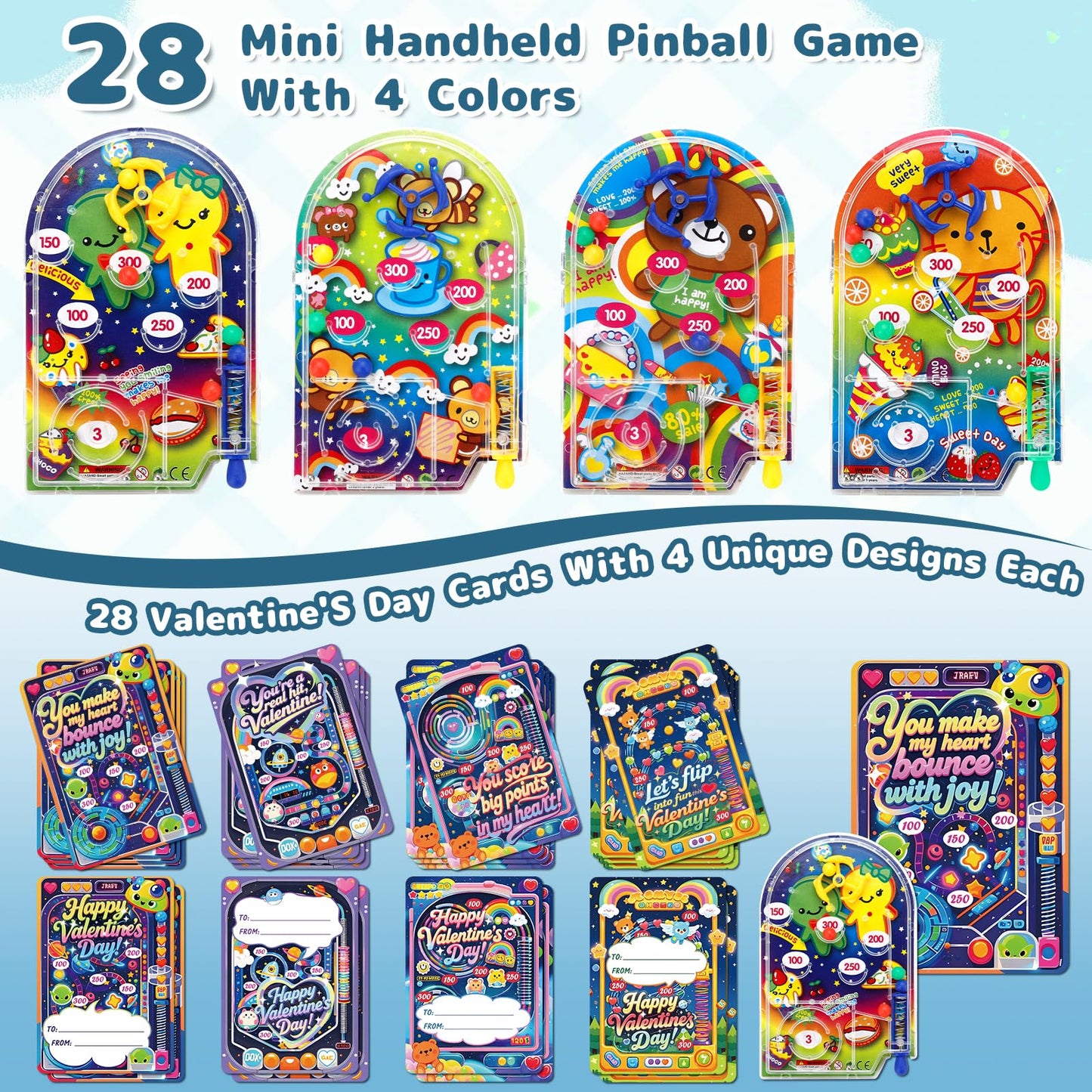 AUUGUU 28 Valentines Day Pinball Cards - Handheld Arcade Toys for Classrooms