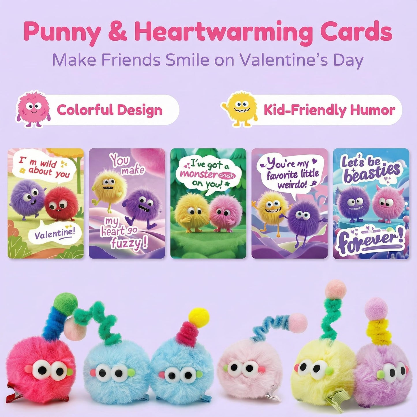 AUUGUU 30 Valentine Cards with Monster Hair Clips – Classroom Gift Set for Kids