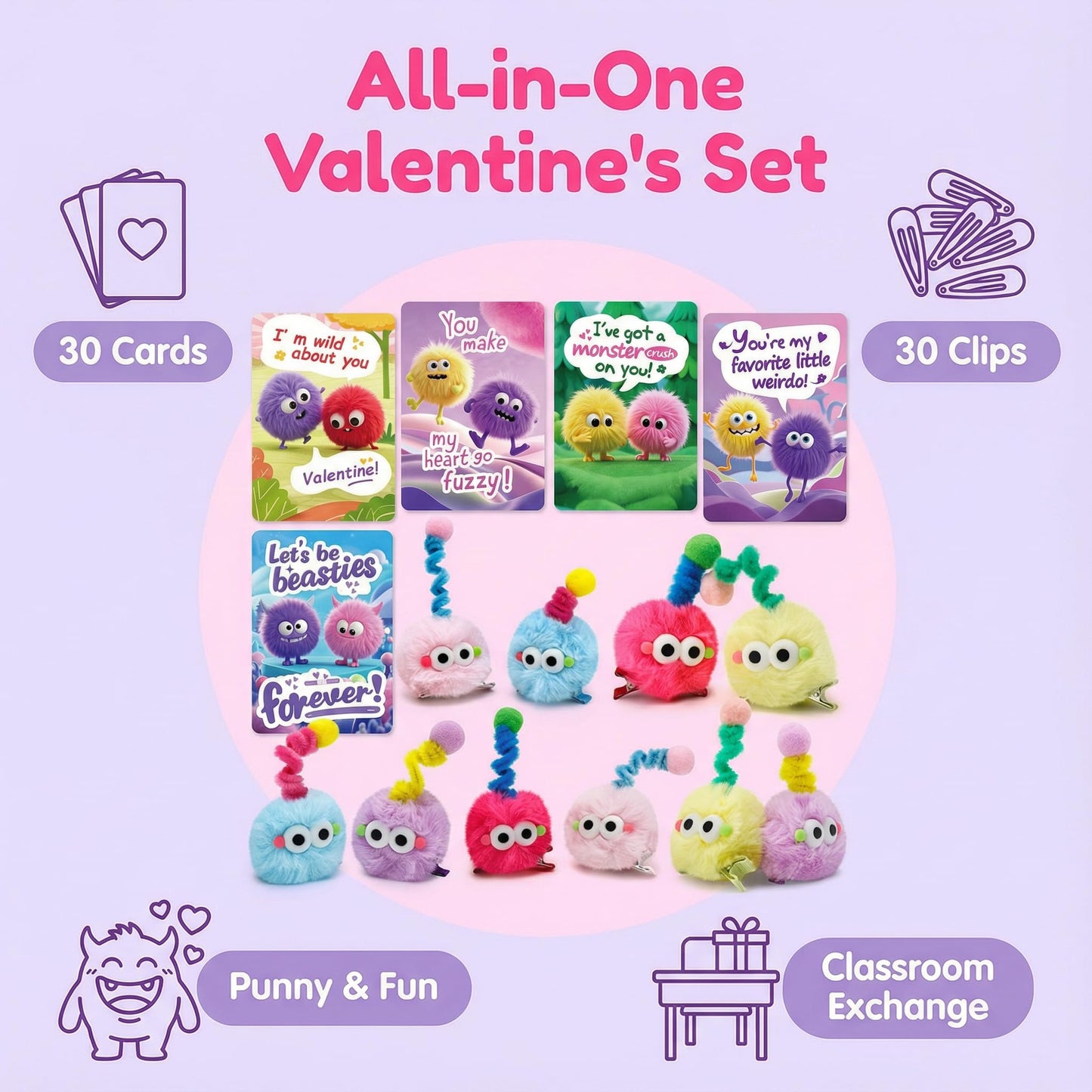 AUUGUU 30 Valentine Cards with Monster Hair Clips – Classroom Gift Set for Kids