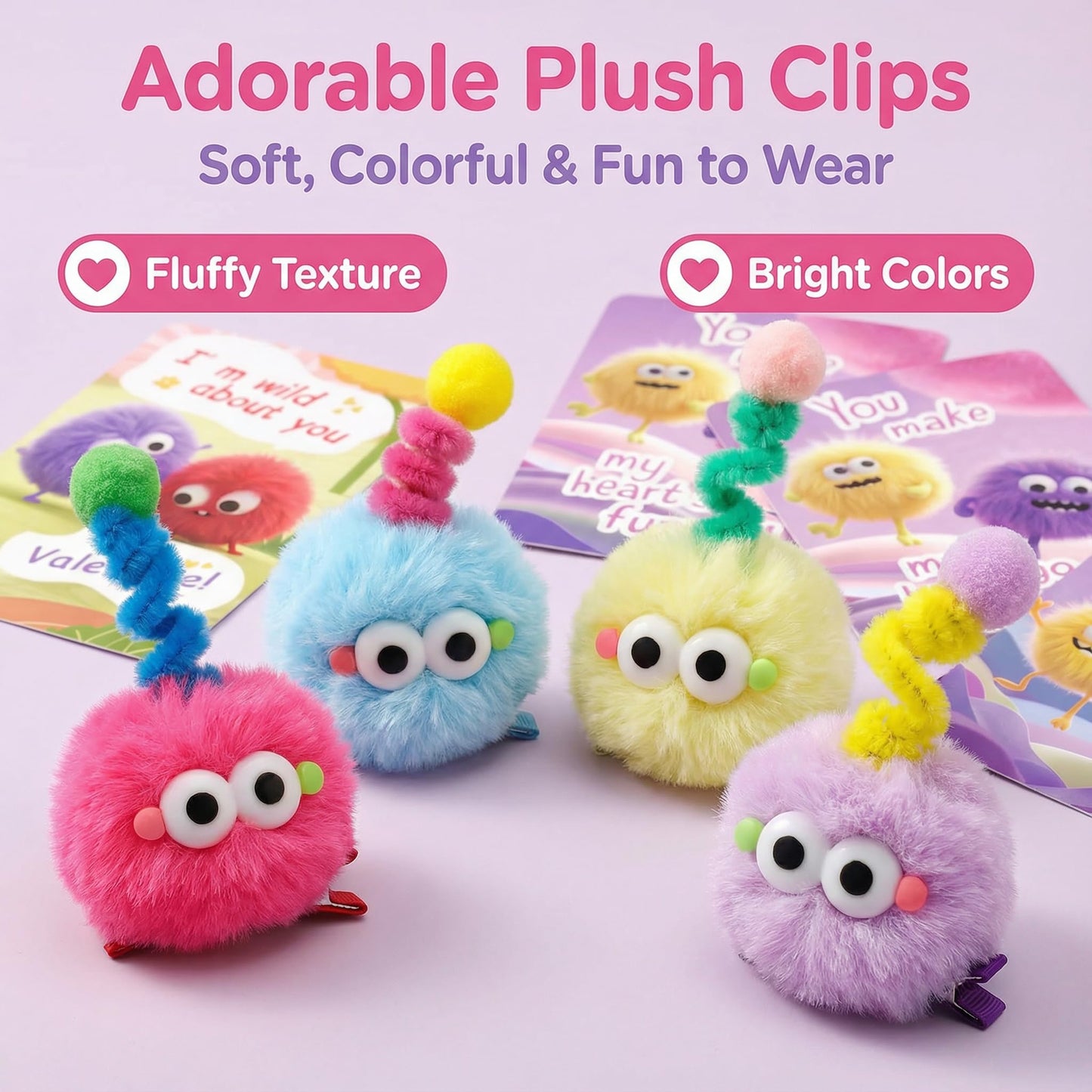 AUUGUU 30 Valentine Cards with Monster Hair Clips – Classroom Gift Set for Kids