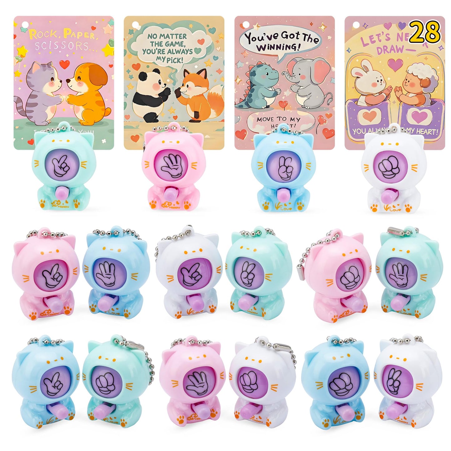 AUUGUU 28 Valentines Day Cards with Rock Paper Scissors Cat Keychains – Classroom Exchange Gift Set