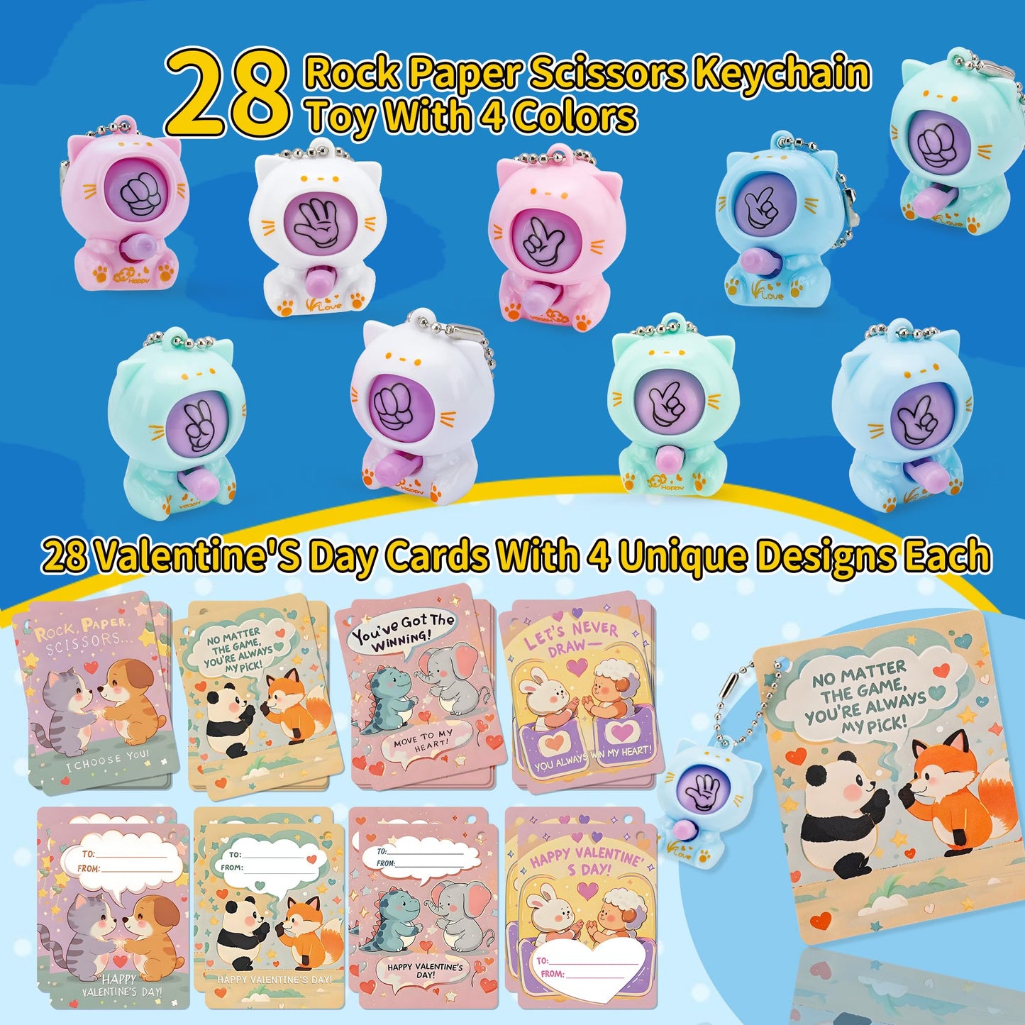 AUUGUU 28 Valentines Day Cards with Rock Paper Scissors Cat Keychains – Classroom Exchange Gift Set