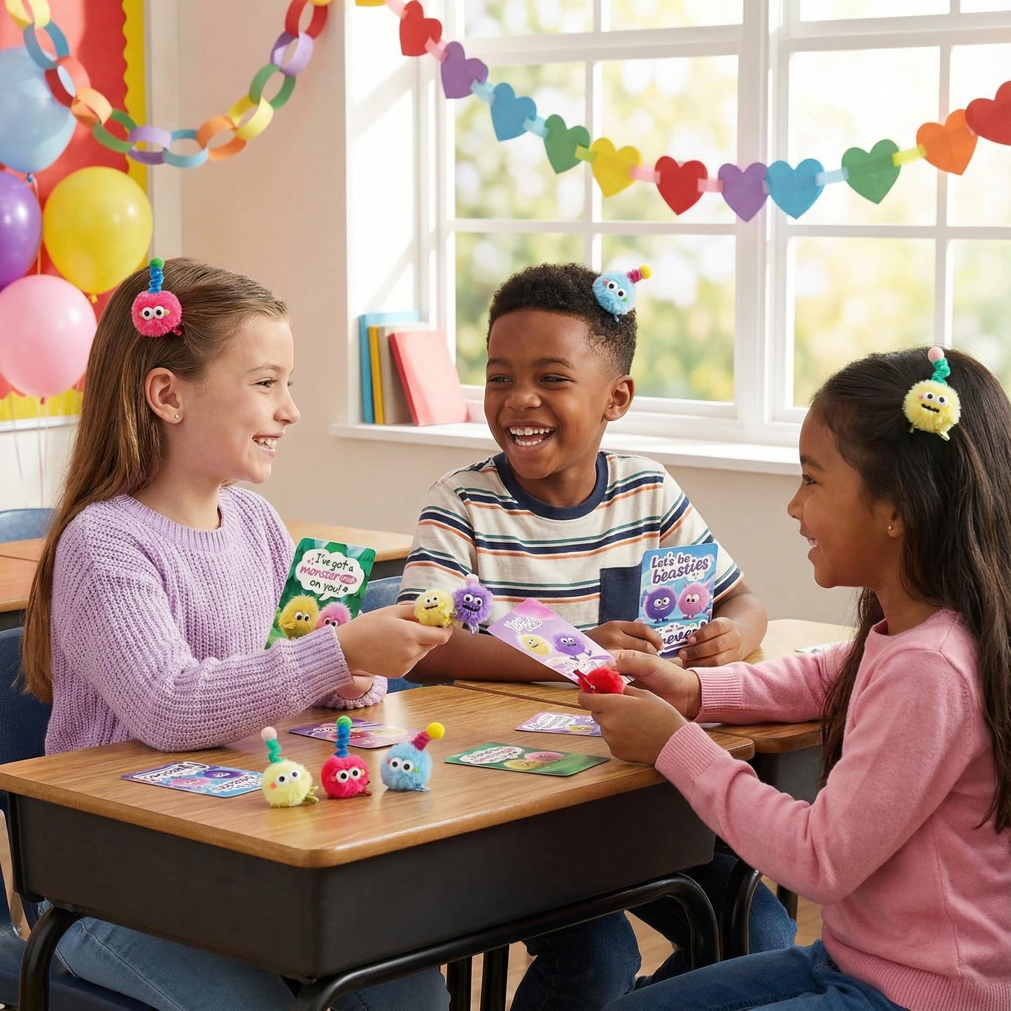 AUUGUU 30 Valentine Cards with Monster Hair Clips – Classroom Gift Set for Kids