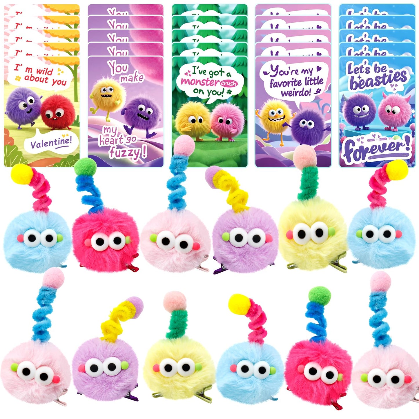 AUUGUU 30 Valentine Cards with Monster Hair Clips – Classroom Gift Set for Kids