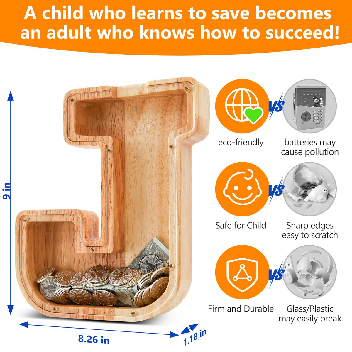 Auvce Wooden Initial Piggy Bank – Large Solid Wood Money Box (J)