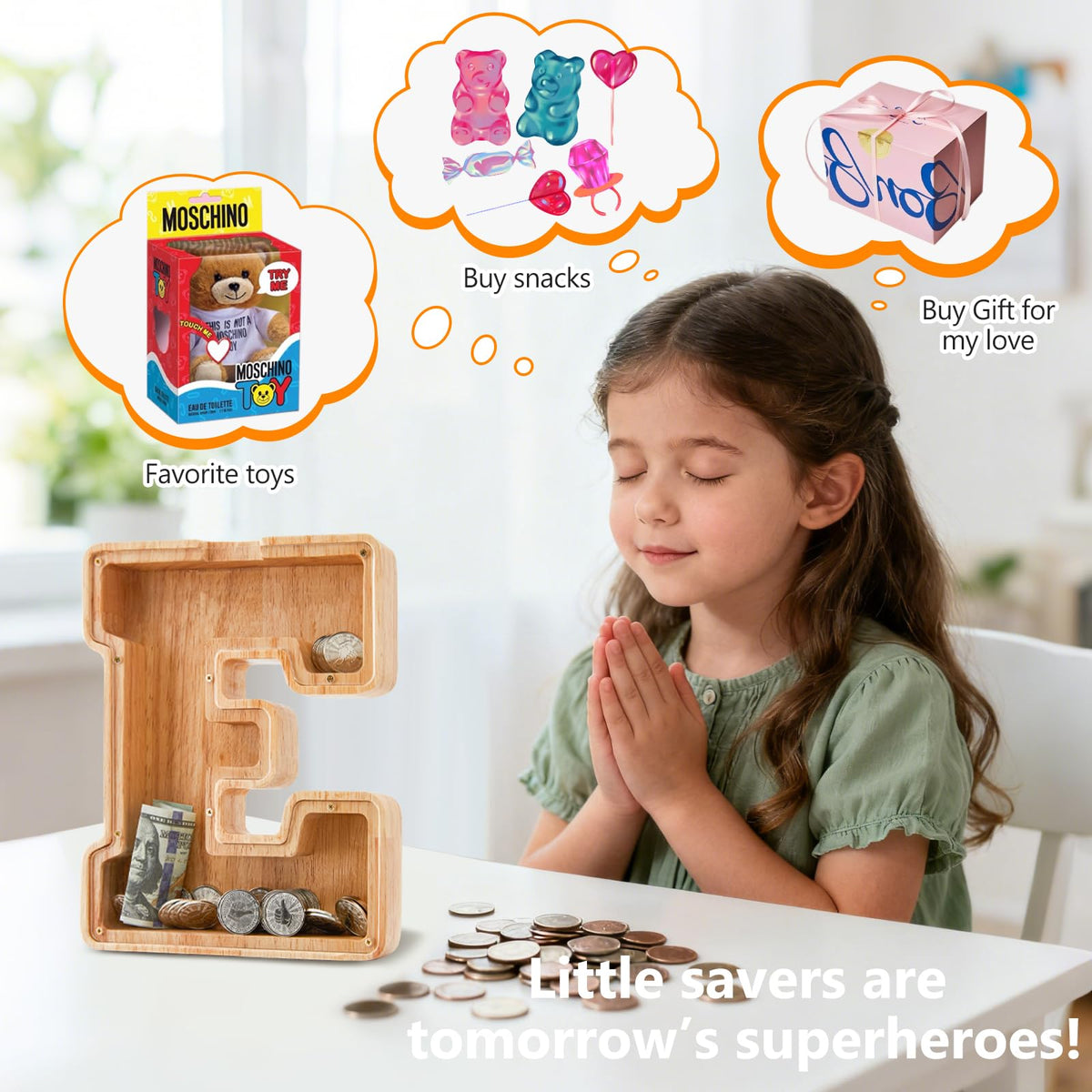 Auvce Wooden Initial Piggy Bank – Large Solid Wood Money Box for Kids