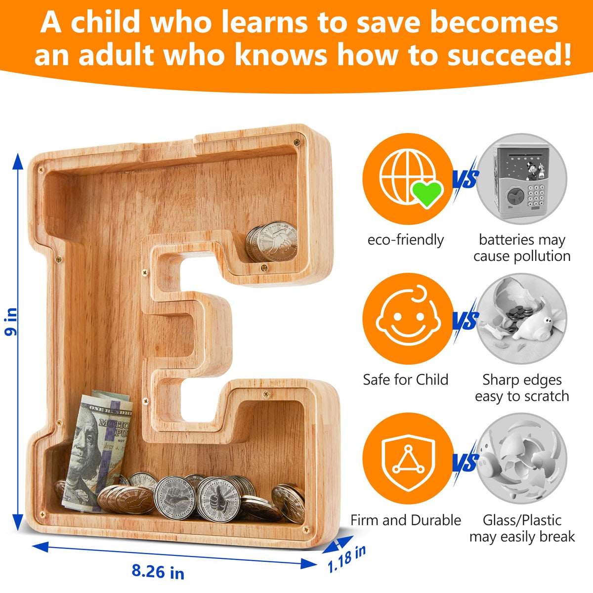 Auvce Wooden Initial Piggy Bank – Large Solid Wood Money Box for Kids