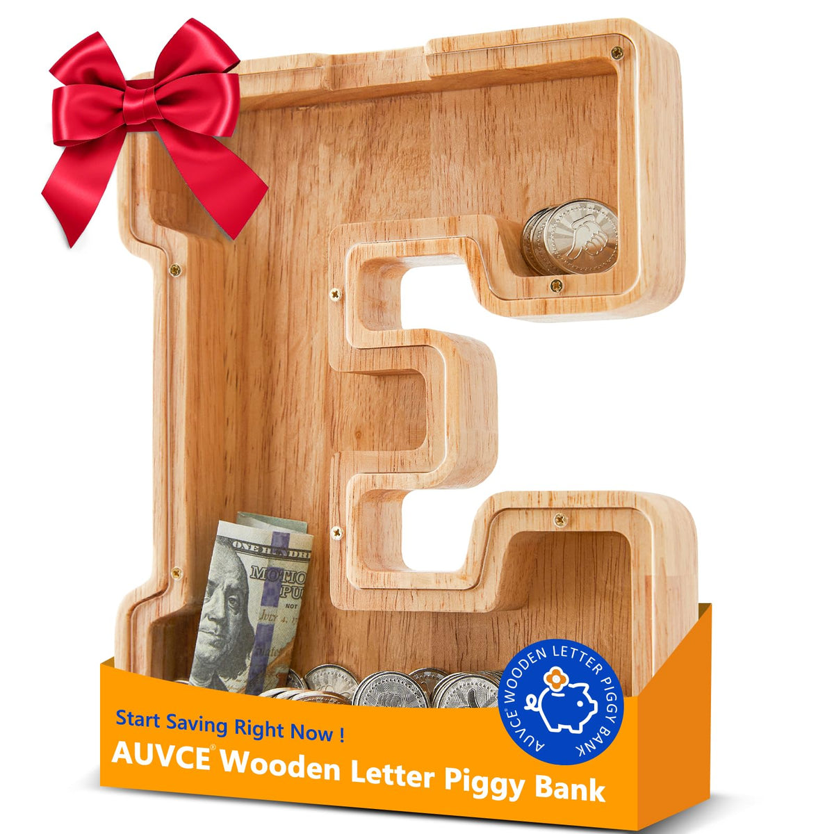 Auvce Wooden Initial Piggy Bank – Large Solid Wood Money Box for Kids