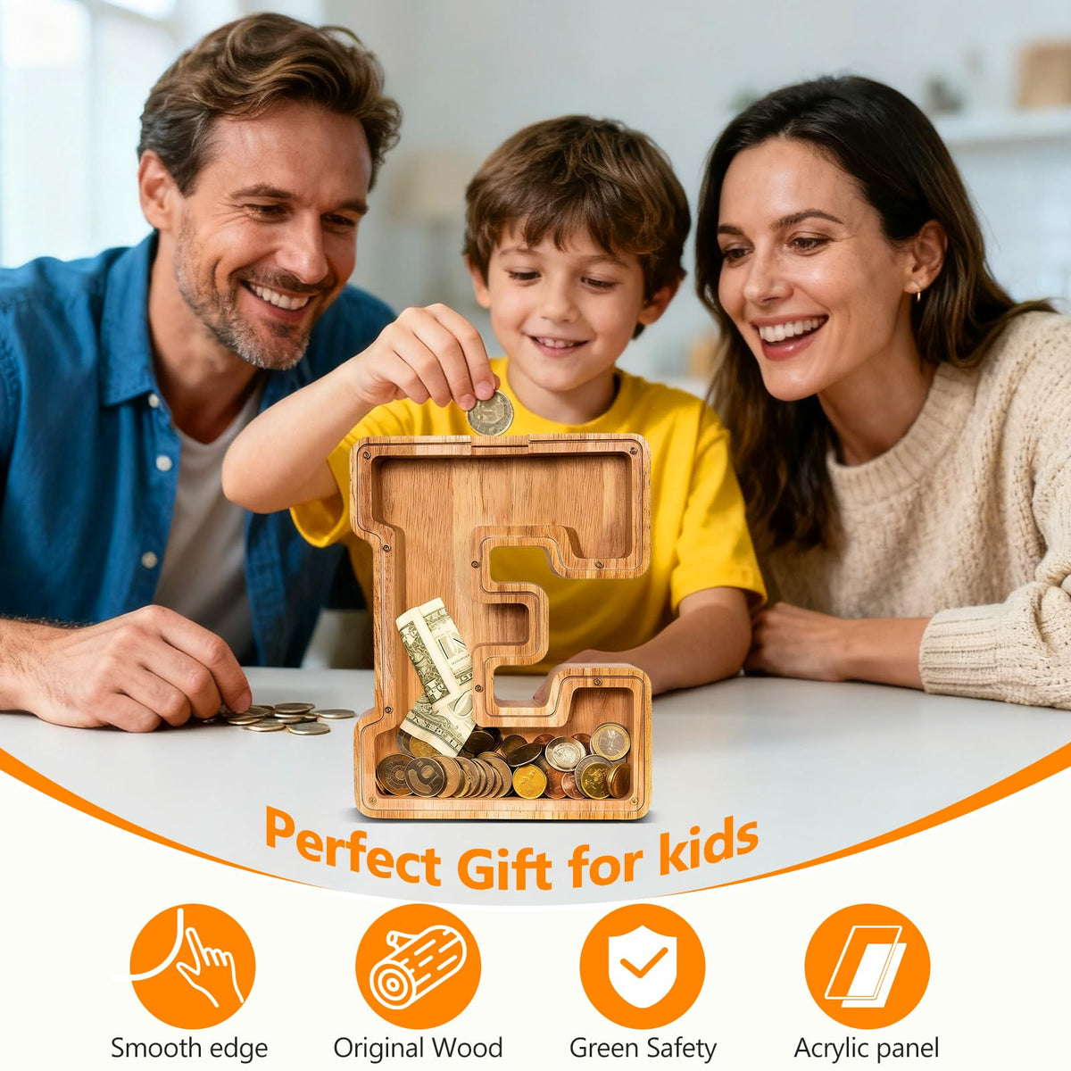 Auvce Wooden Initial Piggy Bank – Large Solid Wood Money Box for Kids
