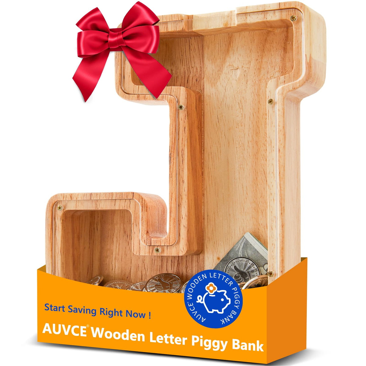 Auvce Wooden Initial Piggy Bank – Large Solid Wood Money Box (J)