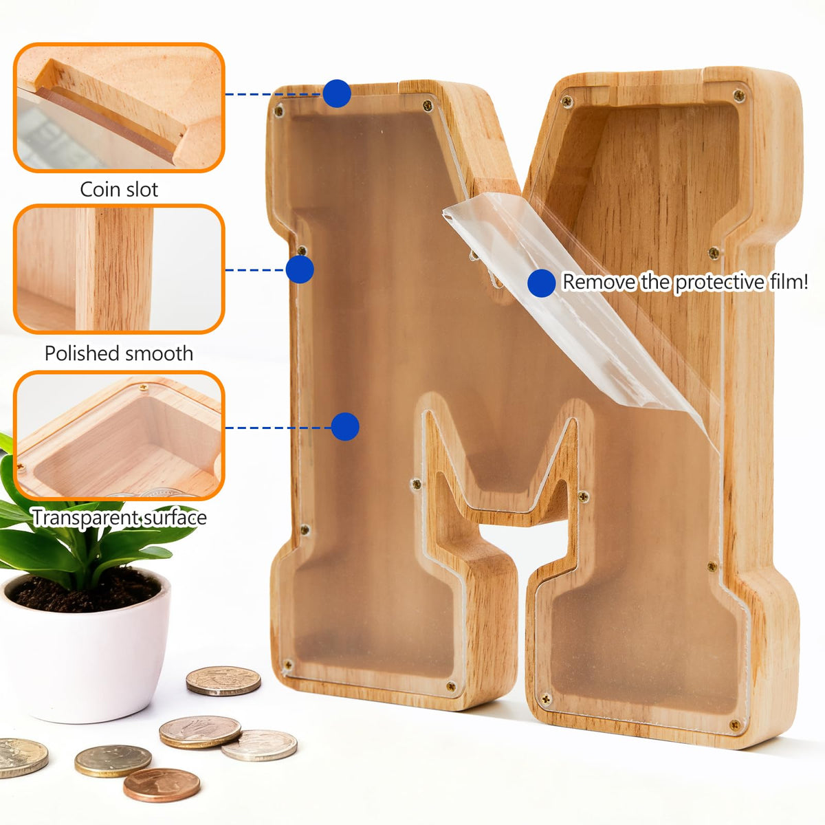 Auvce Wooden Initial Piggy Bank – Large Solid Wood Money Box (J)
