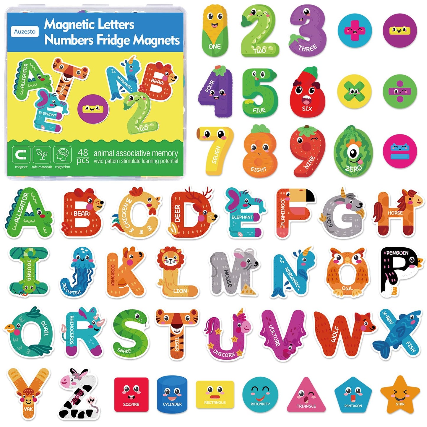 Auzesto 48Pcs Magnetic Letters & Numbers Fridge Magnets – Animal Alphabet Set