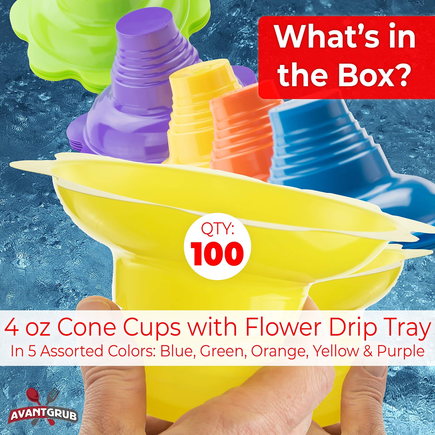 Avant Grub Leak-Proof 4oz Flower Snow Cone Cups 100 Pack — Reusable, Drip-Catching