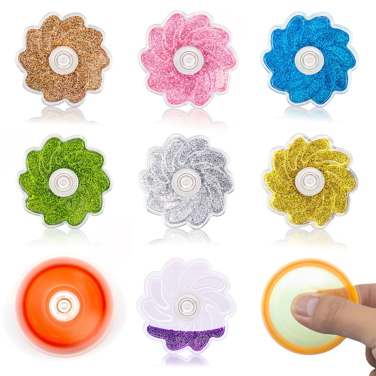 Aveloki Fidget Toys 9 Pack – Flower Shaped Glitter Fidget Spinners for Kids 3+ | Anxiety Relief & Travel Friendly