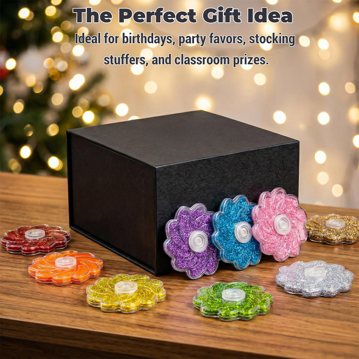 Aveloki Fidget Toys 9 Pack – Flower Shaped Glitter Fidget Spinners for Kids 3+ | Anxiety Relief & Travel Friendly