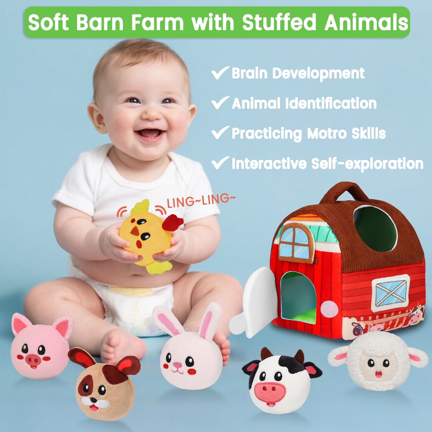 Avesa Baby Toys 6-12 Months | Soft Barn Toy with Plush Farm Animals & Rattle