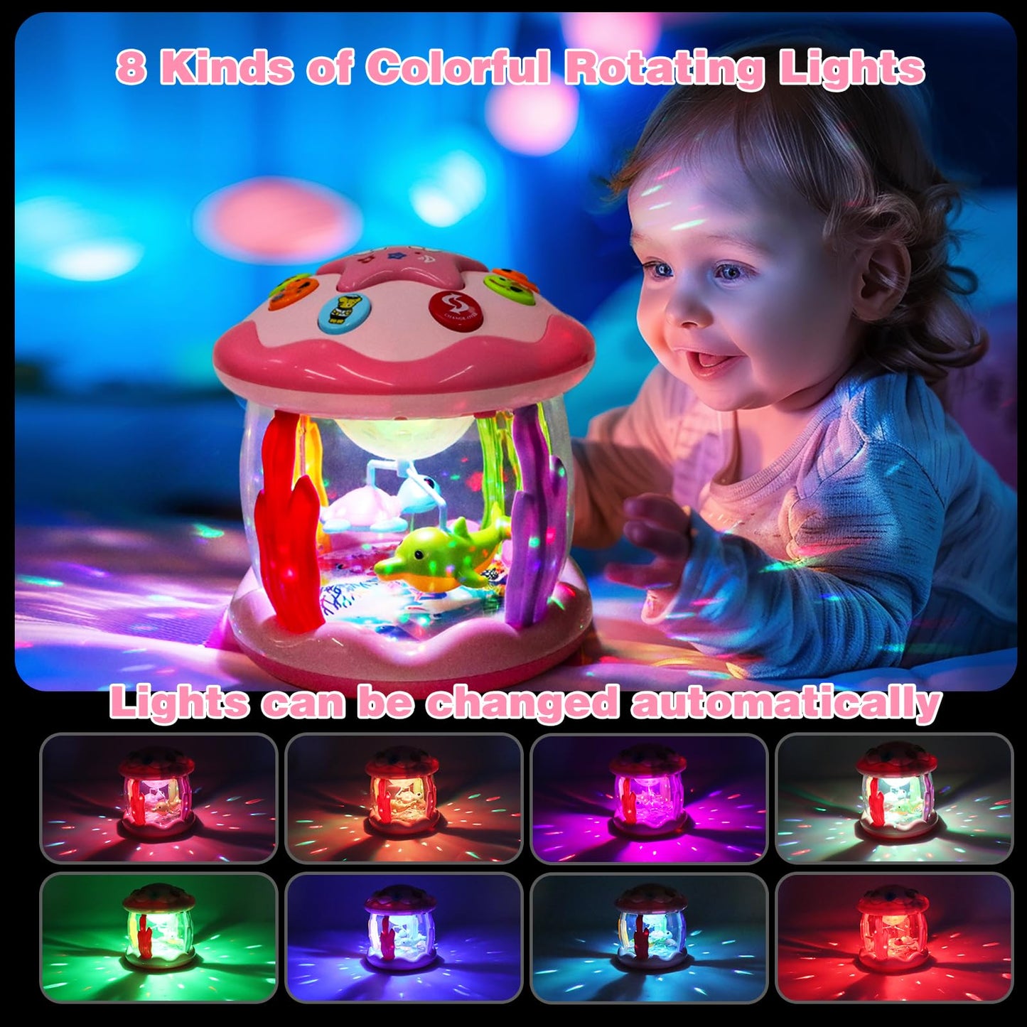 Avesa Ocean Rotating Light-Up Musical Toy for Babies 6-12 Months - Pink