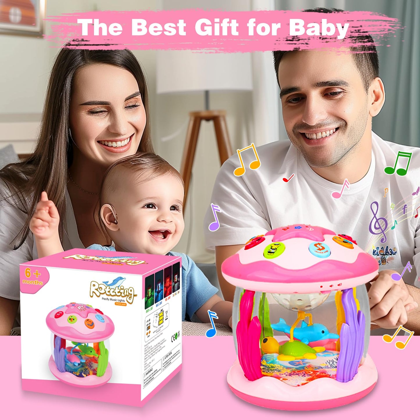 Avesa Ocean Rotating Light-Up Musical Toy for Babies 6-12 Months - Pink