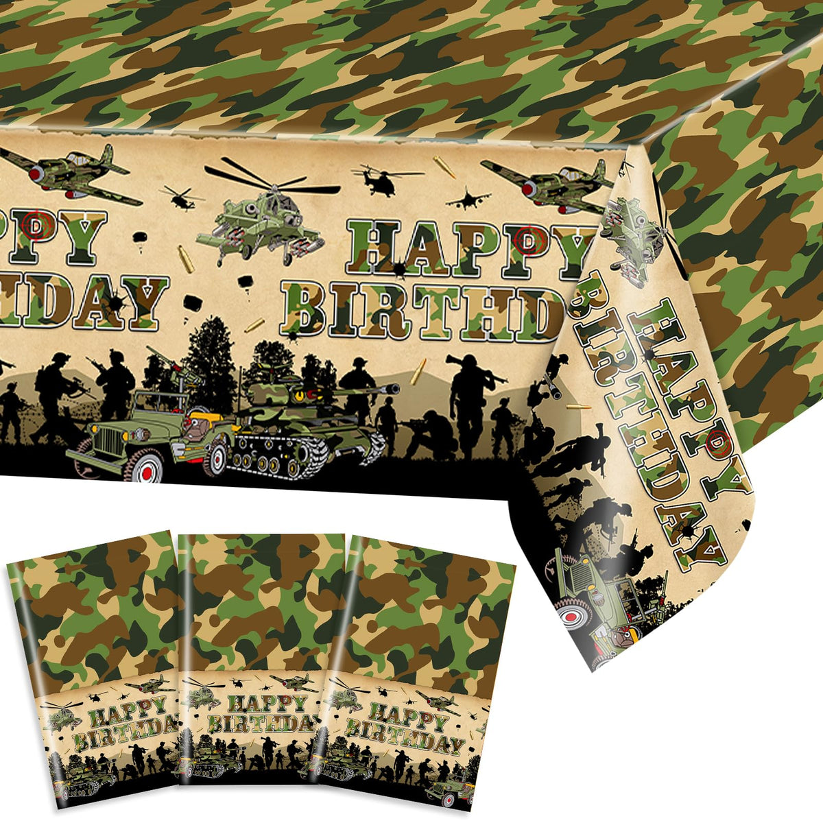Avezano 3-Pack Camo Birthday Tablecloths | 108x54 in Military Theme Party Decor