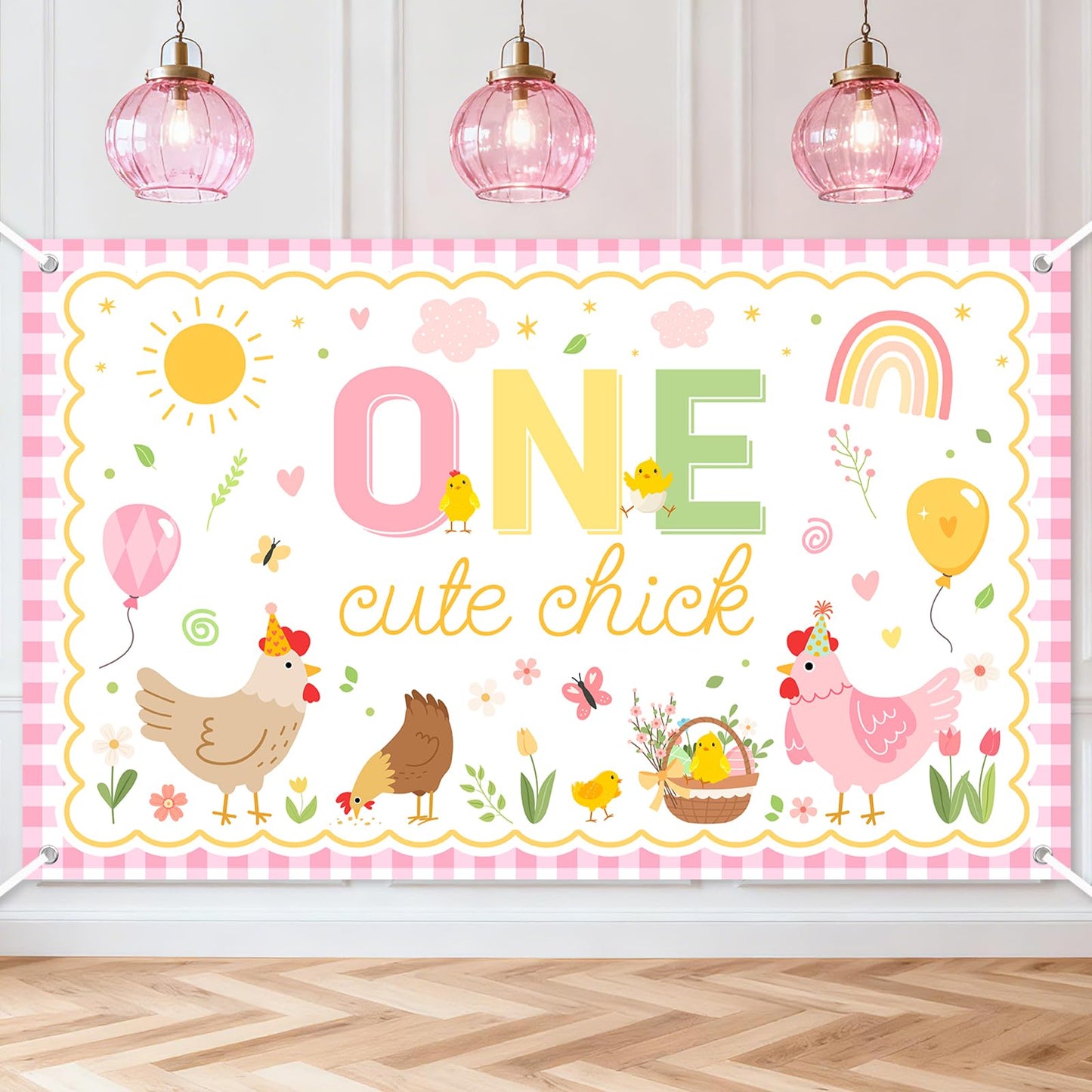 Avezano One Cute Chick Banner – 6x3.6ft Farm Birthday Backdrop