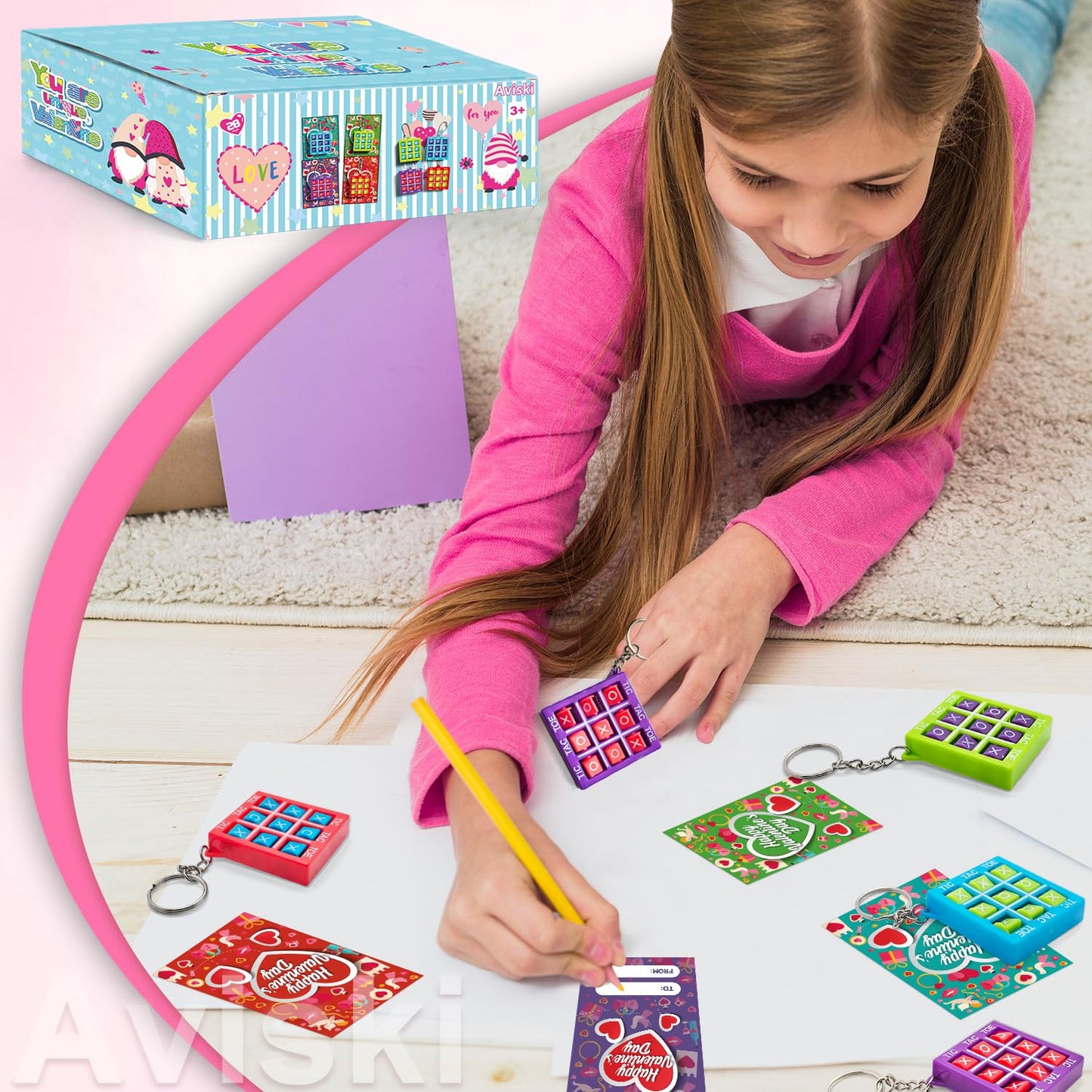 Aviski 28-Pack Valentine Cards with Tic Tac Toe Keychains – Kids Classroom Rewards