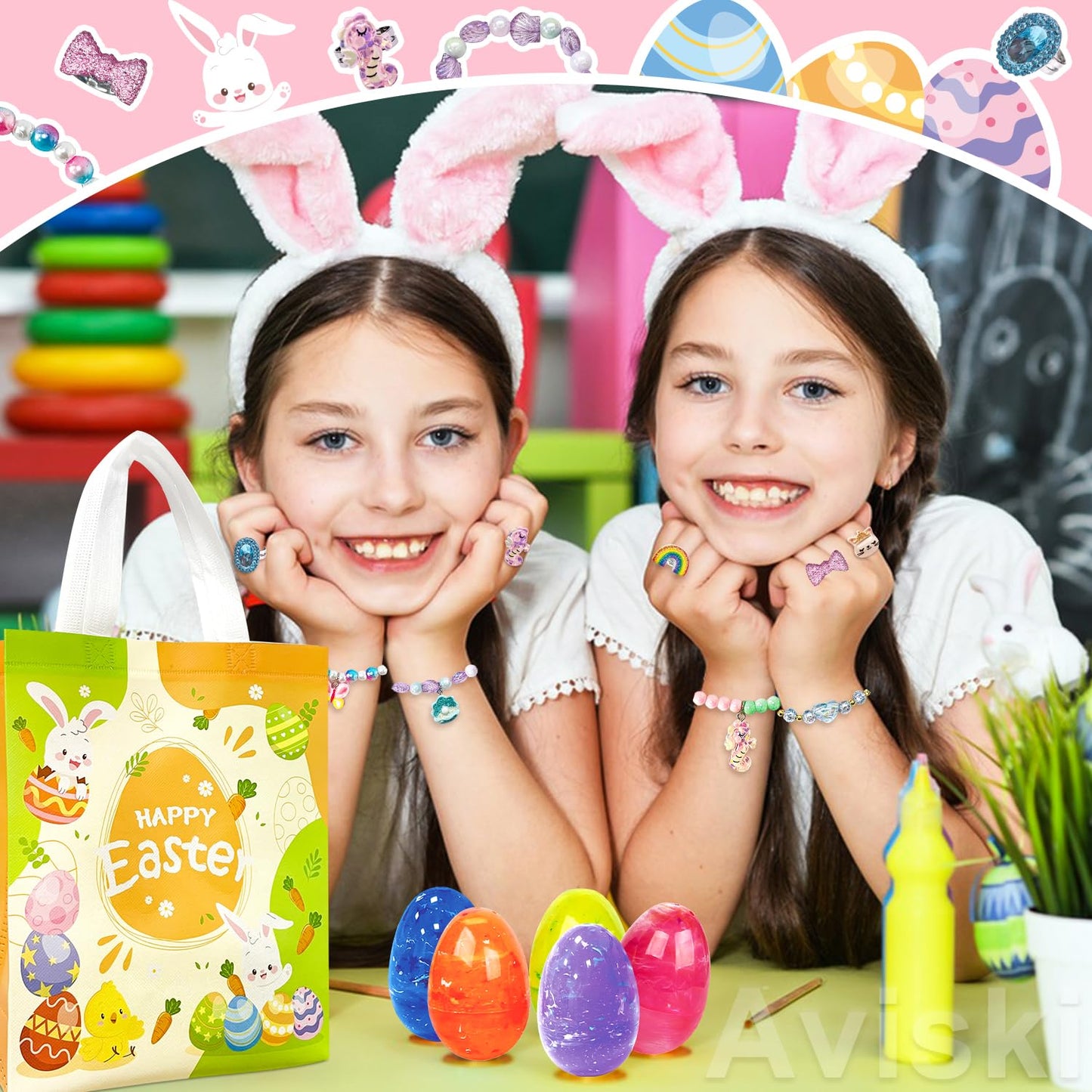 Aviski 12Pcs Easter Surprise Eggs – Bracelets & Rings Inside, Party Favors & Egg Hunt Treats