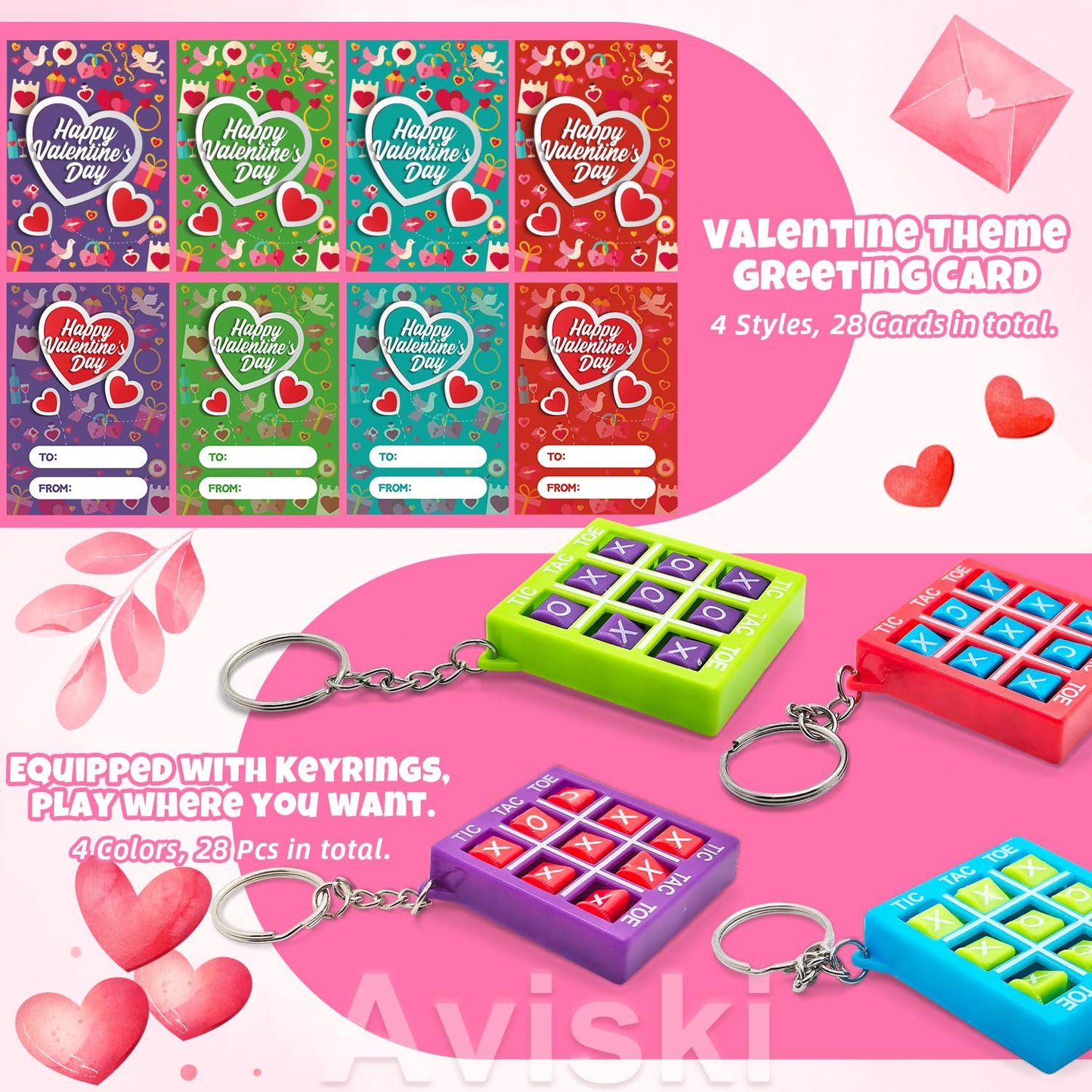 Aviski 28-Pack Valentine Cards with Tic Tac Toe Keychains – Kids Classroom Rewards