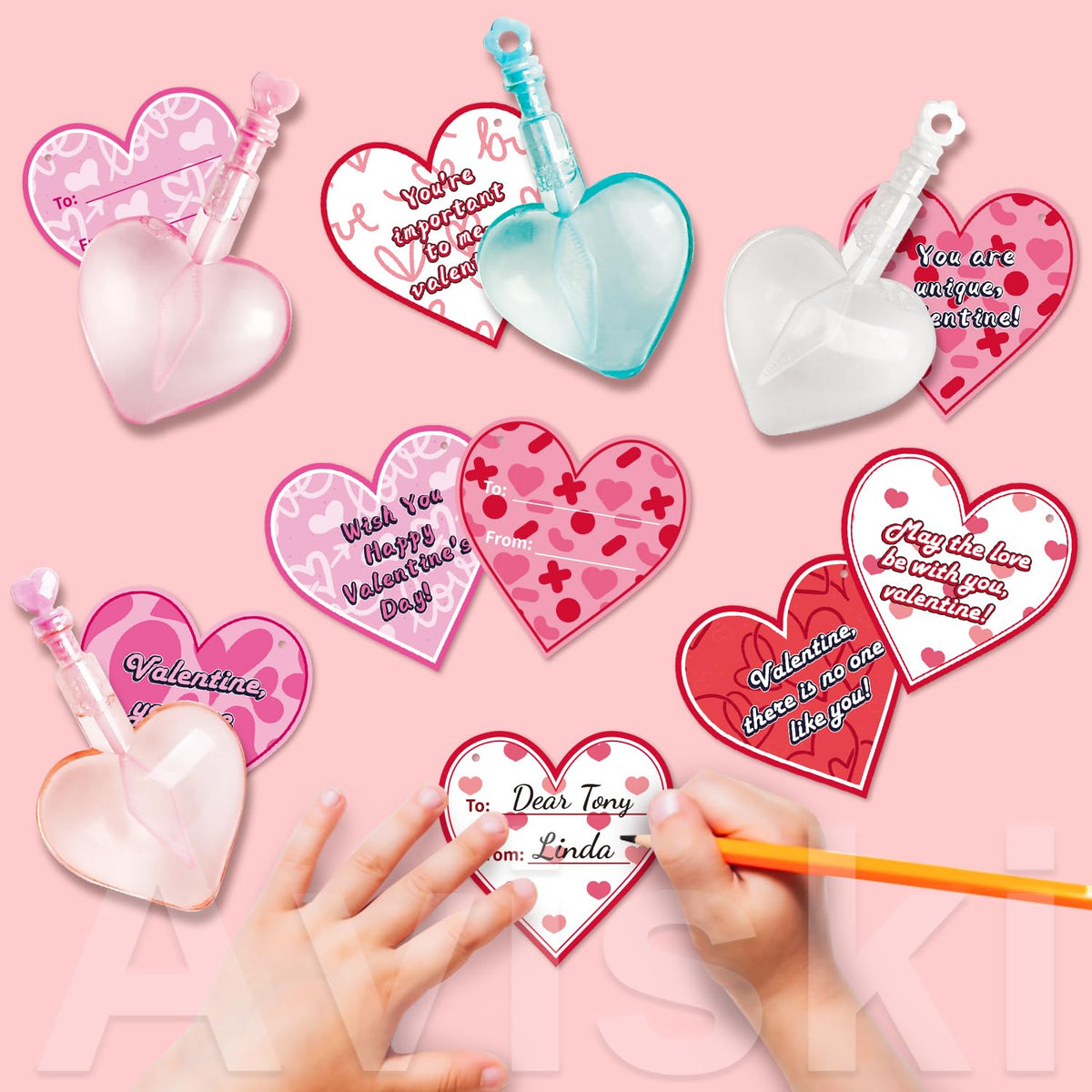 Aviski 28Pcs Kids Valentines Day Gifts — Heart Cards with Bubble Wands for Classroom Exchanges