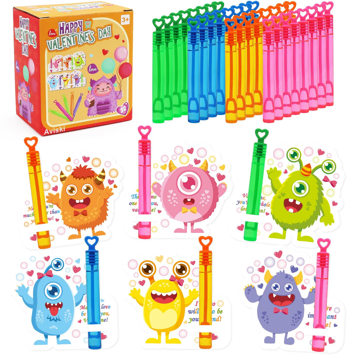Aviski 32-Pack Valentines Cards with Heart Bubble Wands – Classroom Exchange