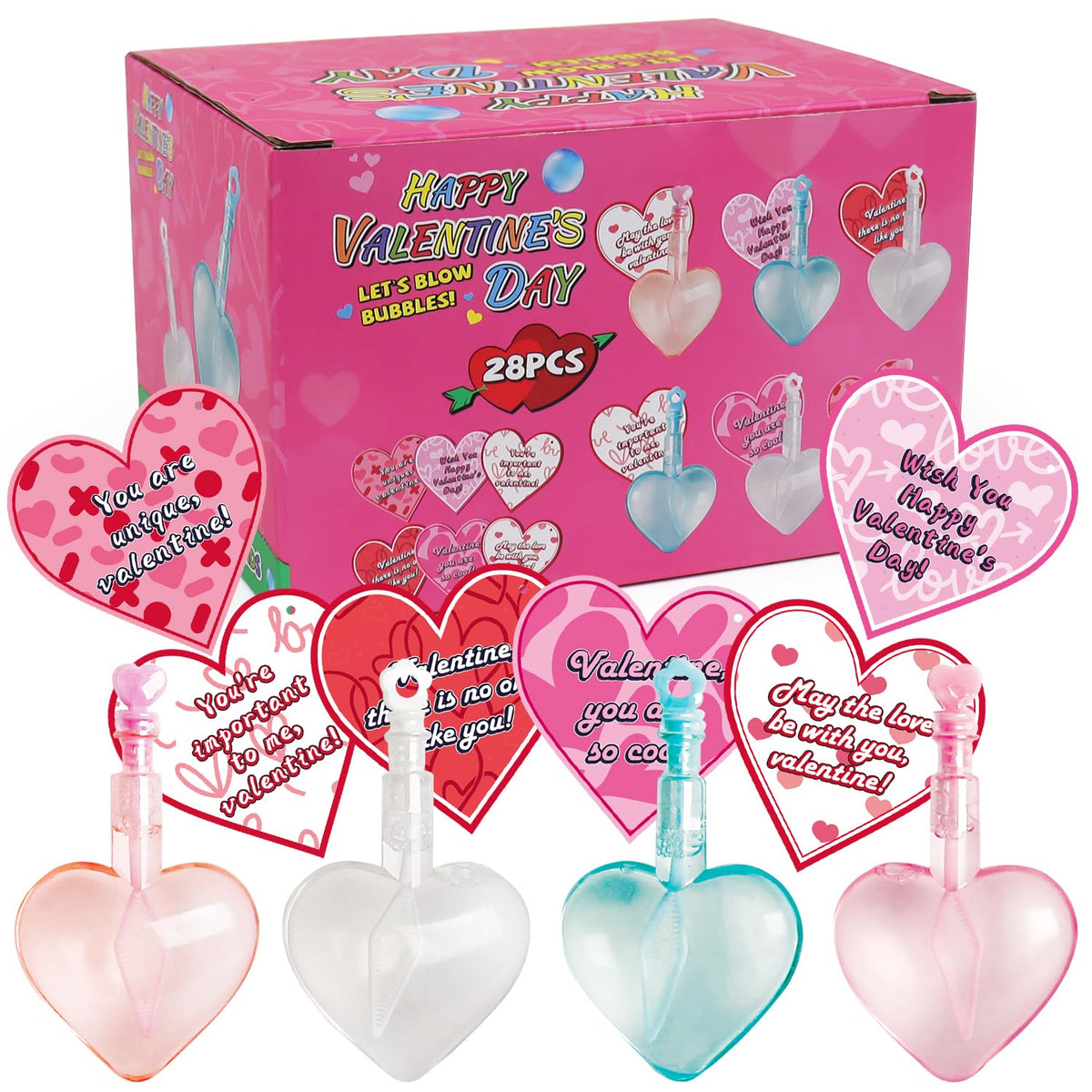 Aviski 28Pcs Kids Valentines Day Gifts — Heart Cards with Bubble Wands for Classroom Exchanges