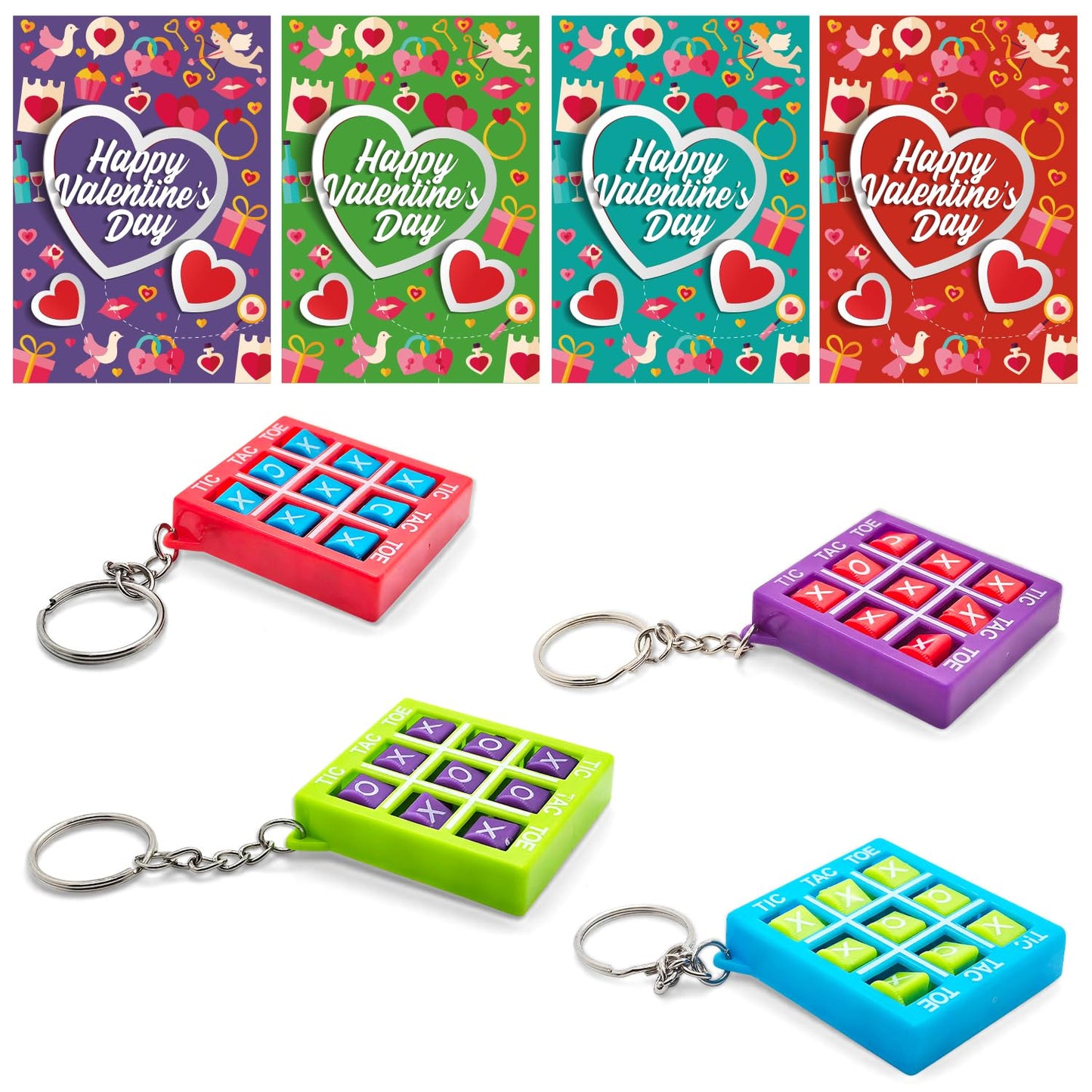 Aviski 28-Pack Valentine Cards with Tic Tac Toe Keychains – Kids Classroom Rewards