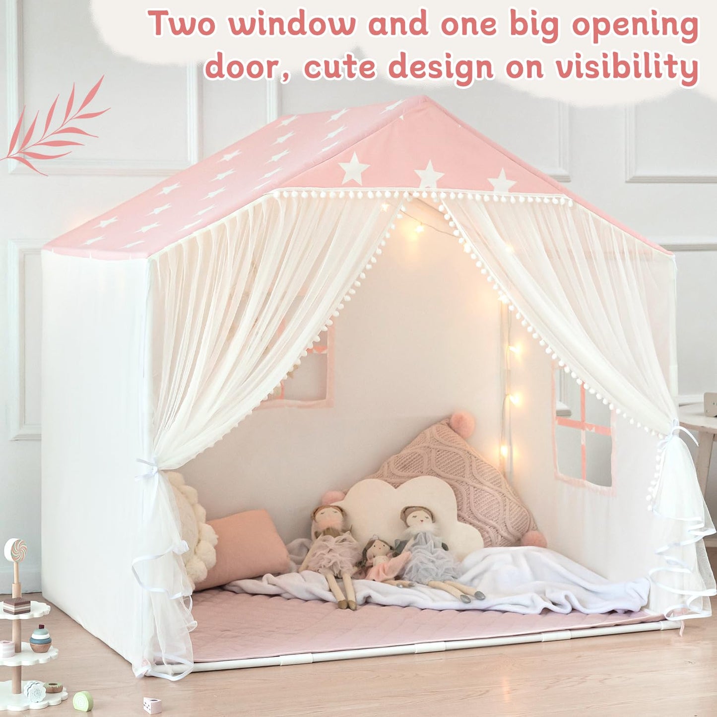 Avrsol Kids Play Tent with Mat – Large Pink Indoor Princess Playhouse with Pom Pom Curtains