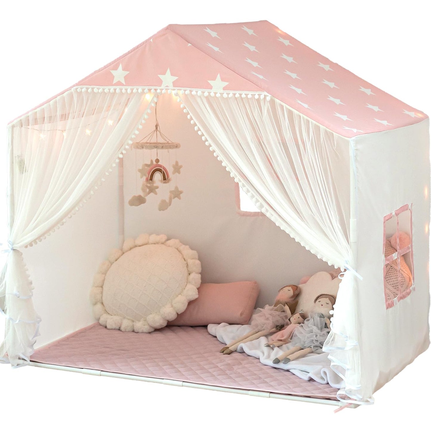 Avrsol Kids Play Tent with Mat – Large Pink Indoor Princess Playhouse with Pom Pom Curtains