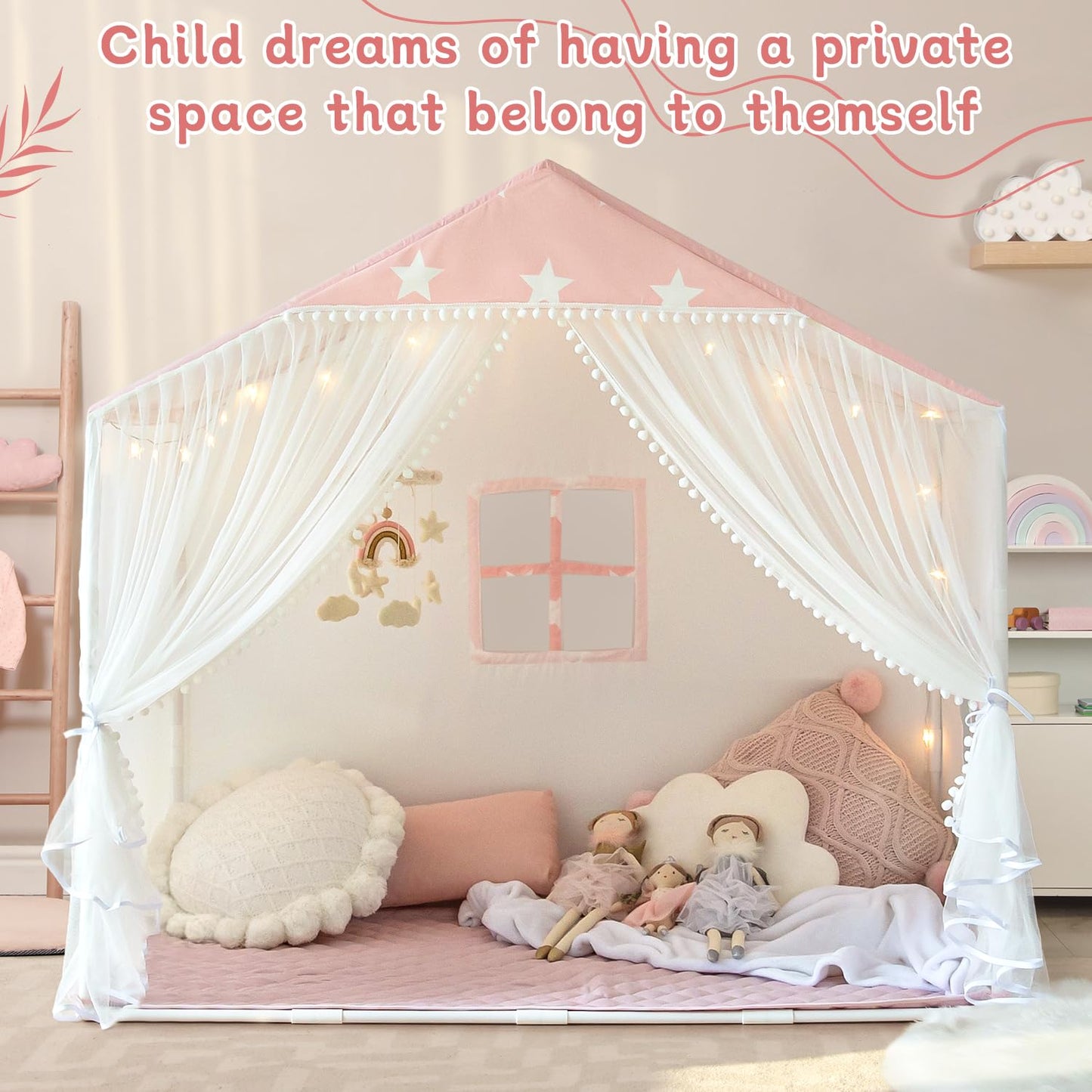 Avrsol Kids Play Tent with Mat – Large Pink Indoor Princess Playhouse with Pom Pom Curtains