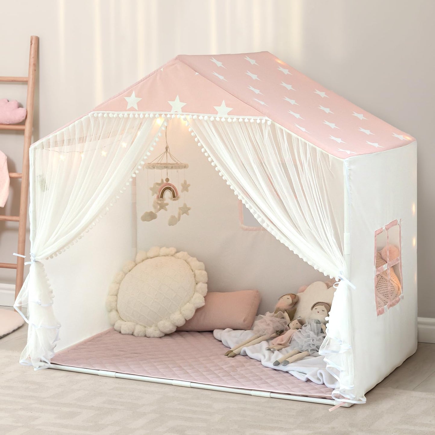 Avrsol Kids Play Tent with Mat – Large Pink Indoor Princess Playhouse with Pom Pom Curtains