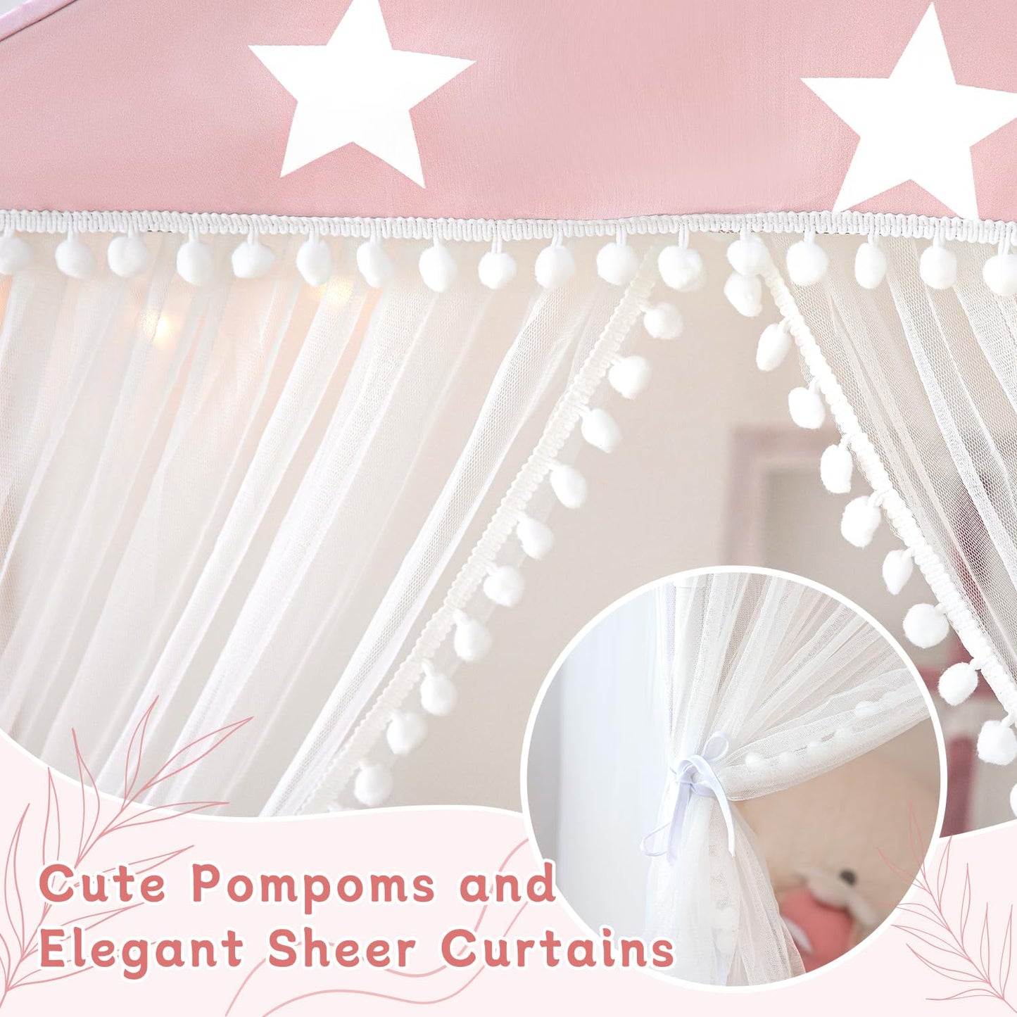 Avrsol Kids Play Tent with Mat – Large Pink Indoor Princess Playhouse with Pom Pom Curtains