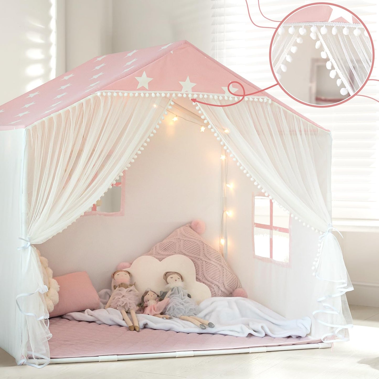 Avrsol Kids Play Tent with Mat – Large Pink Indoor Princess Playhouse with Pom Pom Curtains