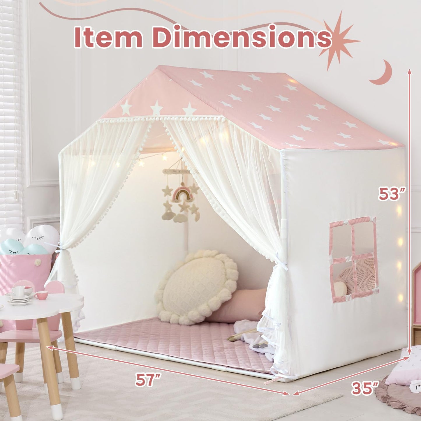 Avrsol Kids Play Tent with Mat – Large Pink Indoor Princess Playhouse with Pom Pom Curtains