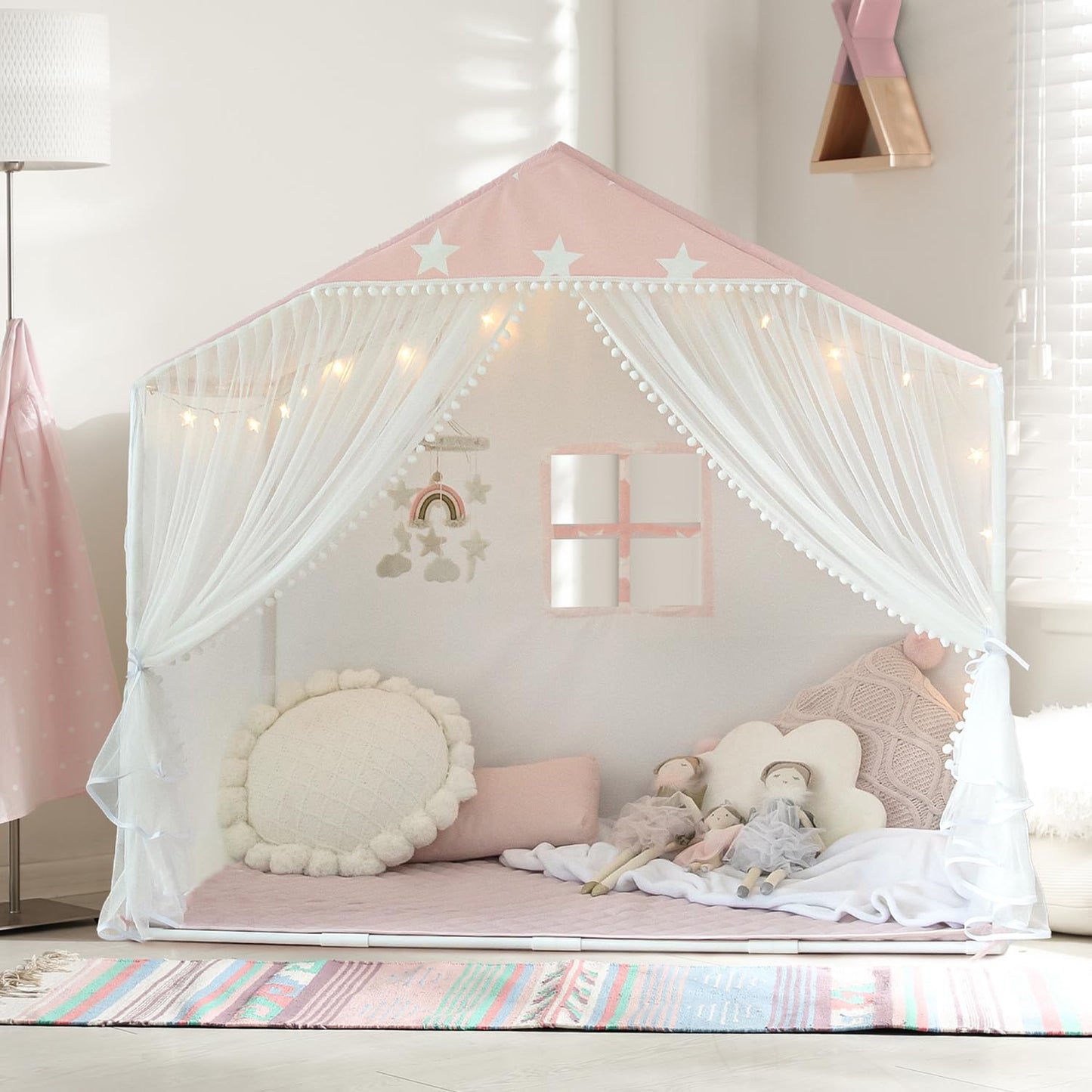 Avrsol Kids Play Tent with Mat – Large Pink Indoor Princess Playhouse with Pom Pom Curtains