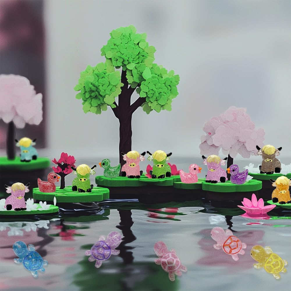 AWEELON 86pcs Mini Resin Animal Figurines – Glow Ducks, Turtles, Highland Cow, Bunny, and Axolotl
