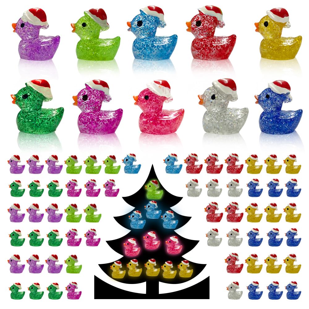 AWEELON 100Pcs Christmas Glitter Mini Resin Ducks | Luminous Tiny Ducks for Fairy Gardens, Dollhouses & Ornaments