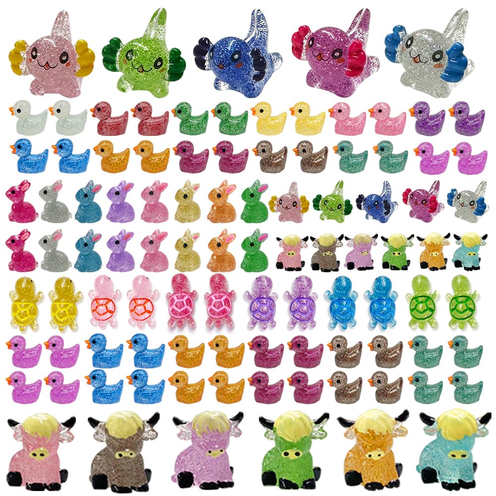 AWEELON 86pcs Mini Resin Animal Figurines – Glow Ducks, Turtles, Highland Cow, Bunny, and Axolotl