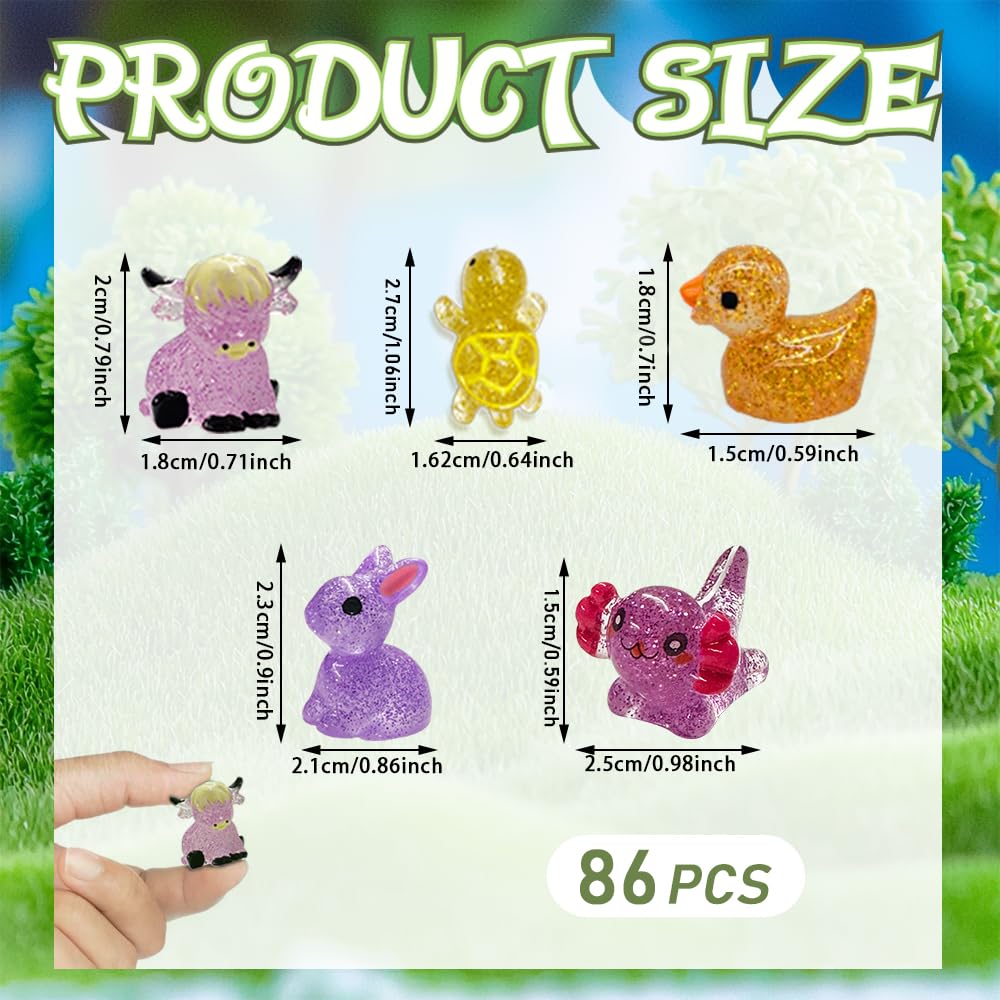 AWEELON 86pcs Mini Resin Animal Figurines – Glow Ducks, Turtles, Highland Cow, Bunny, and Axolotl