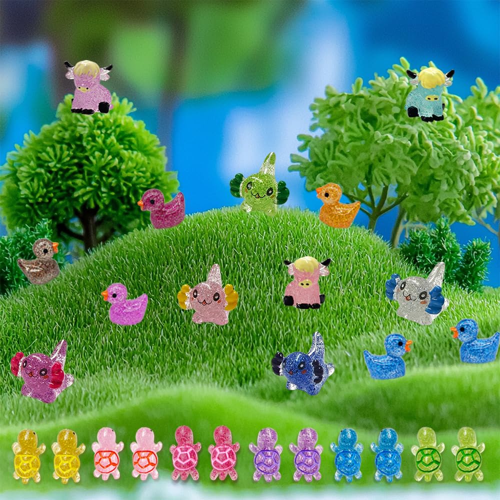 AWEELON 86pcs Mini Resin Animal Figurines – Glow Ducks, Turtles, Highland Cow, Bunny, and Axolotl