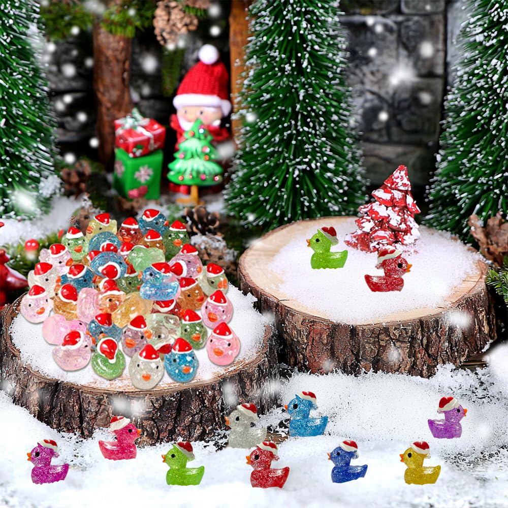 AWEELON 100Pcs Christmas Glitter Mini Resin Ducks | Luminous Tiny Ducks for Fairy Gardens, Dollhouses & Ornaments