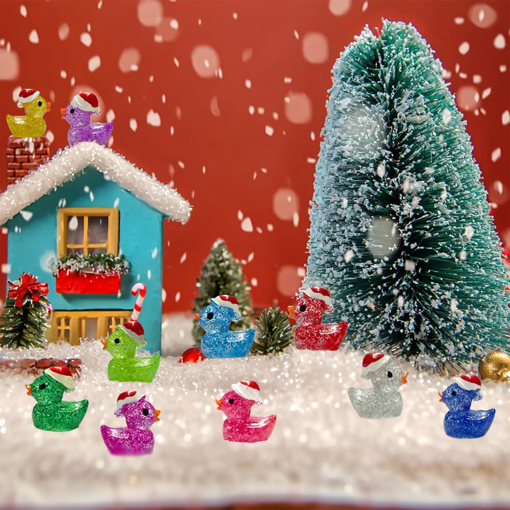 AWEELON 100Pcs Christmas Glitter Mini Resin Ducks | Luminous Tiny Ducks for Fairy Gardens, Dollhouses & Ornaments