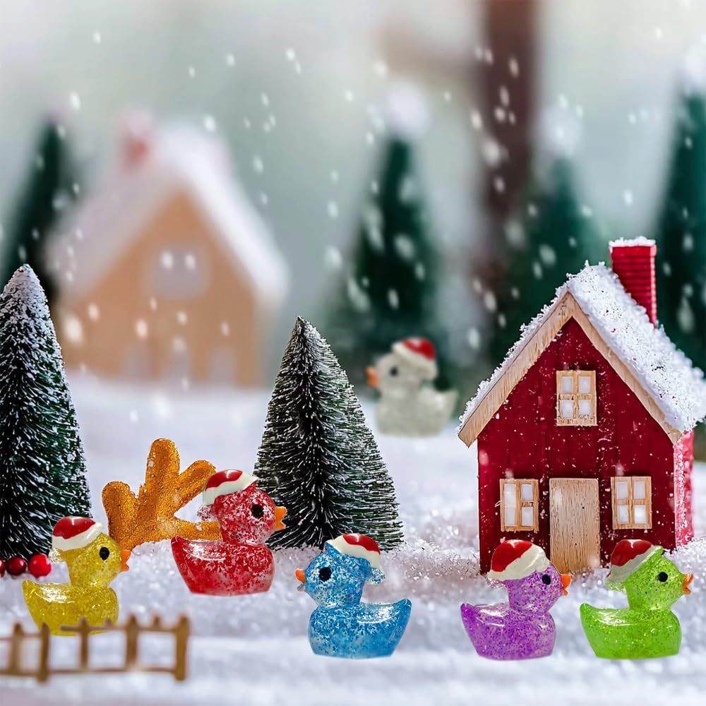 AWEELON 100Pcs Christmas Glitter Mini Resin Ducks | Luminous Tiny Ducks for Fairy Gardens, Dollhouses & Ornaments