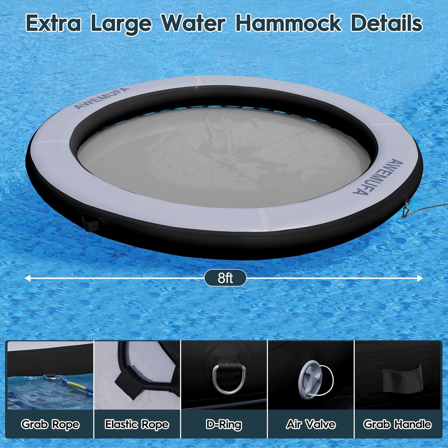 AWEMUFA 8ft Water Hammock | 8-Inch Thick Round Floating Ring for Pool and Lake